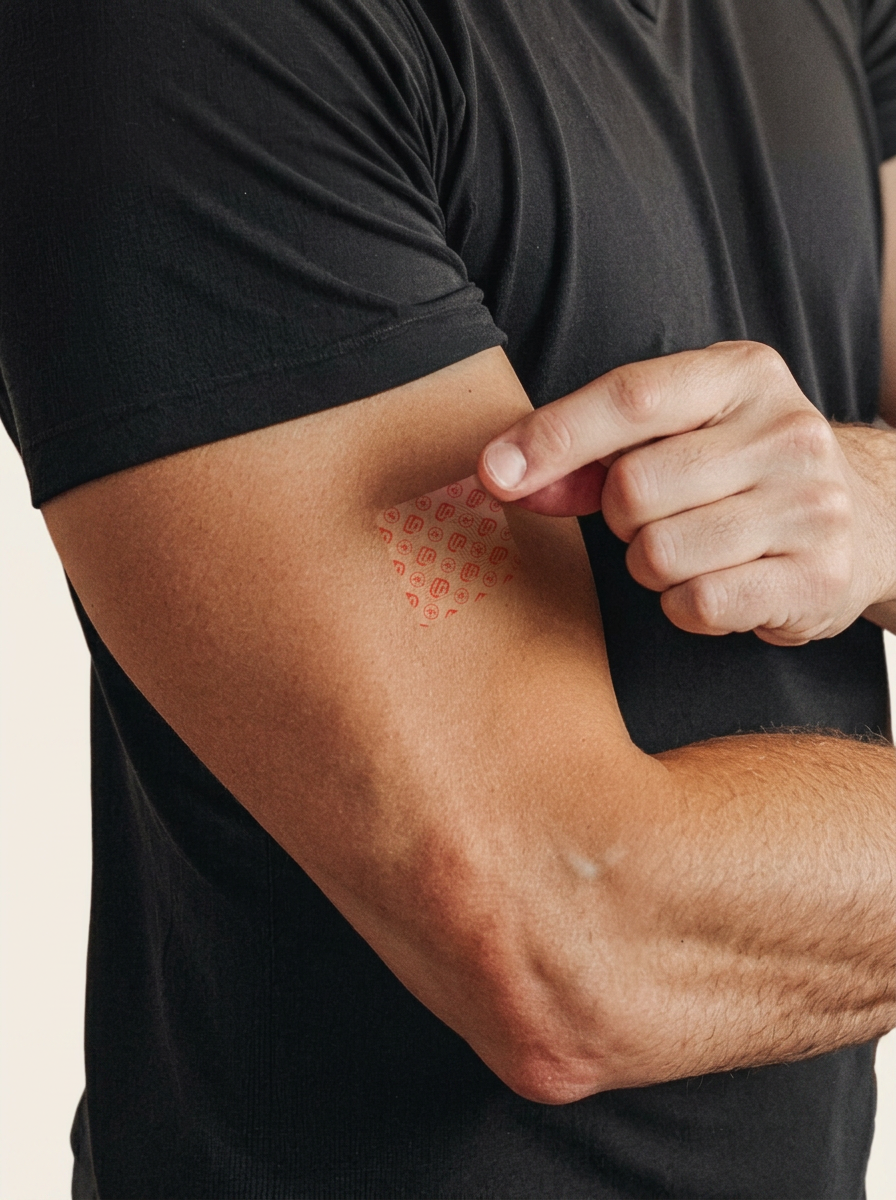 A man pressing a Super Patch onto his upper arm in soft natural light.